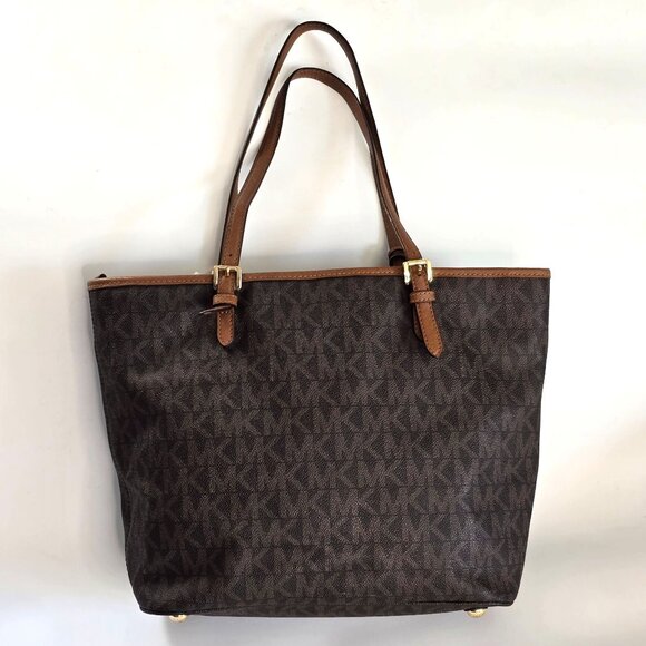 Michael Kors Jet Set Monogram Coated Canvas Tote LG Brown/Tan Front Snap Pocket - Picture 14 of 16